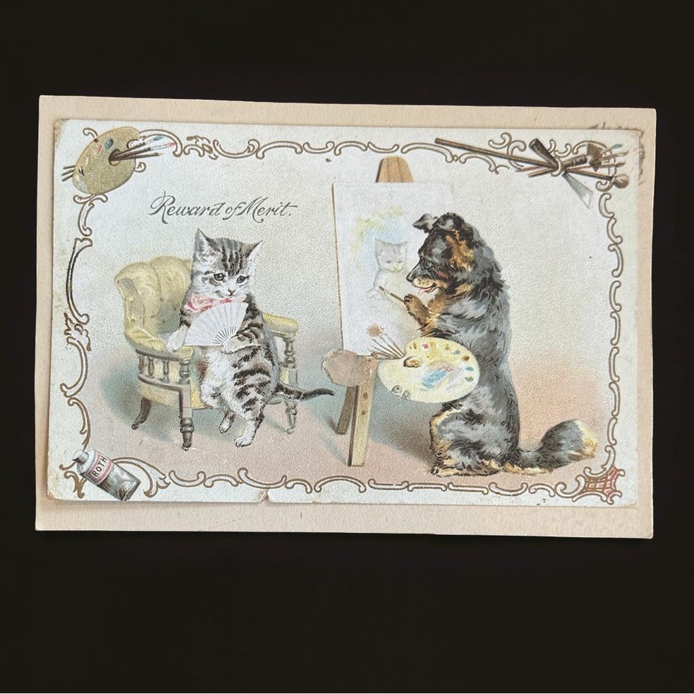 Vintage Reward of Merit Card Dog Painting Cat